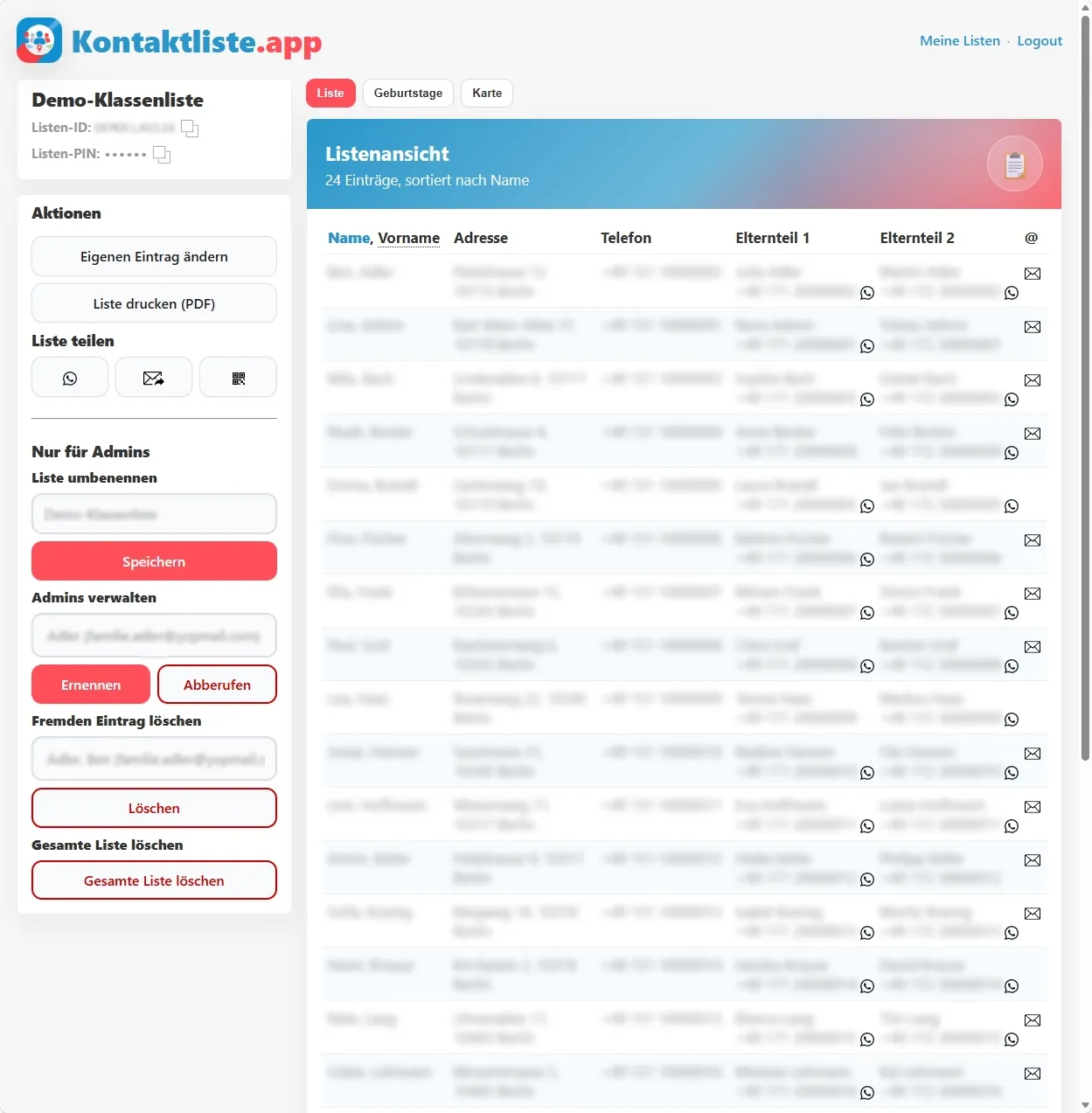 Digitale Klassenliste mit Telefonliste, Elternkontakten und Kartenansicht